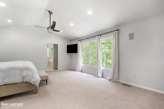 25986 Glenmoor St, Novi, MI 48374 - bedroom with light colored carpet, recessed lighting, lofted ceiling, connected bathroom, and a ceiling fan