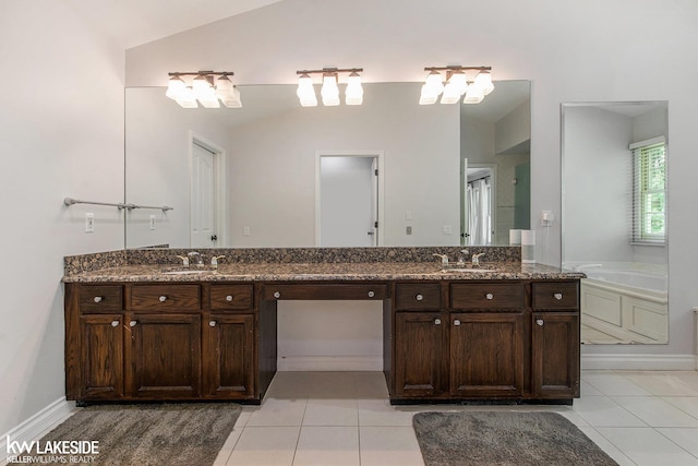 25986 Glenmoor St, Novi, MI 48374 - full bath featuring vaulted ceiling, double vanity, tile patterned floors, and a garden tub