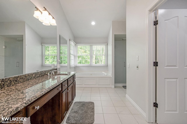 25986 Glenmoor St, Novi, MI 48374 - bathroom with vanity, a stall shower, a bath, tile patterned floors, and recessed lighting