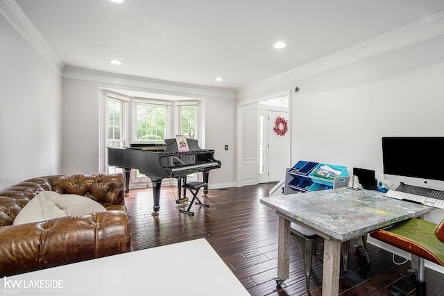25986 Glenmoor St, Novi, MI 48374 - office area featuring ornamental molding, dark wood-type flooring, and recessed lighting
