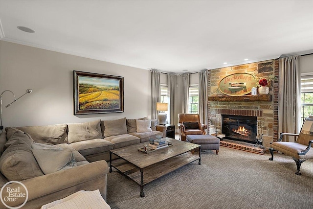 2940 Buell Rd, Oakland Twp, MI 48363 - carpeted living room featuring a fireplace and ornamental molding