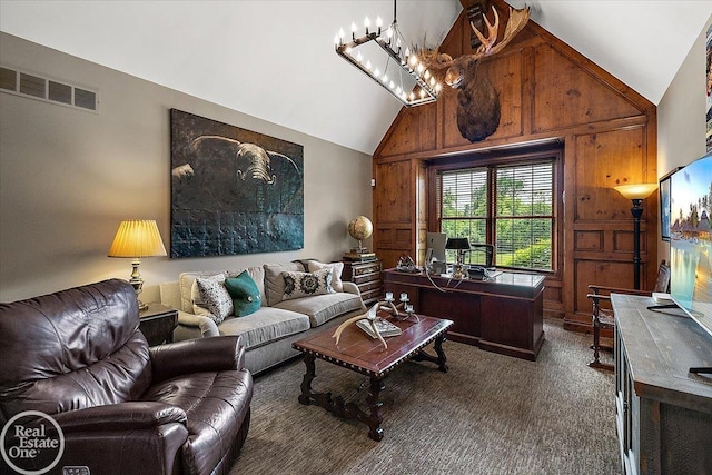 2940 Buell Rd, Oakland Twp, MI 48363 - office with carpet flooring, a chandelier, wooden walls, and high vaulted ceiling