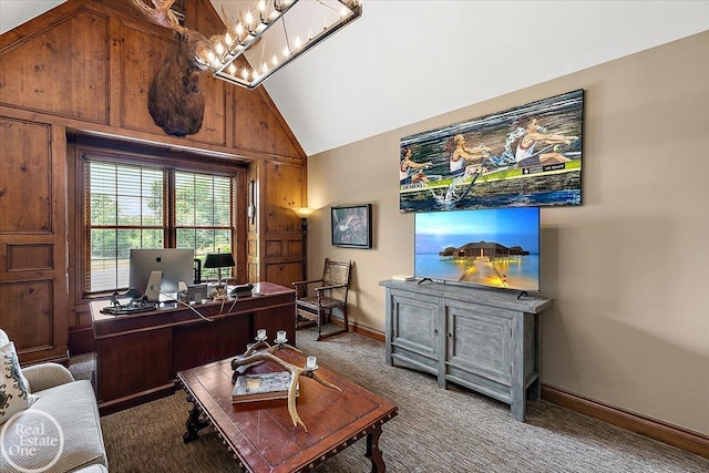 2940 Buell Rd, Oakland Twp, MI 48363 - office space with carpet, lofted ceiling, and a chandelier