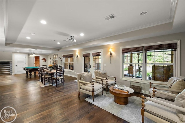 2940 Buell Rd, Oakland Twp, MI 48363 - living room with a tray ceiling, pool table, dark wood finished floors, healthy amount of natural light, and recessed lighting