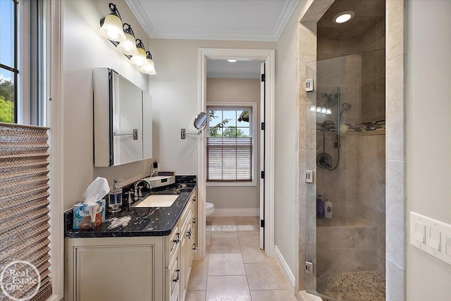 2940 Buell Rd, Oakland Twp, MI 48363 - full bath with vanity, a shower stall, crown molding, and tile patterned floors
