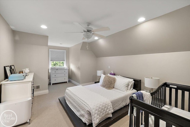 2940 Buell Rd, Oakland Twp, MI 48363 - bedroom featuring light colored carpet, recessed lighting, vaulted ceiling, and ceiling fan