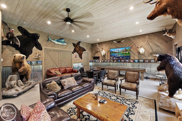 2940 Buell Rd, Oakland Twp, MI 48363 - living room featuring a ceiling fan, recessed lighting, wooden walls, and wooden ceiling