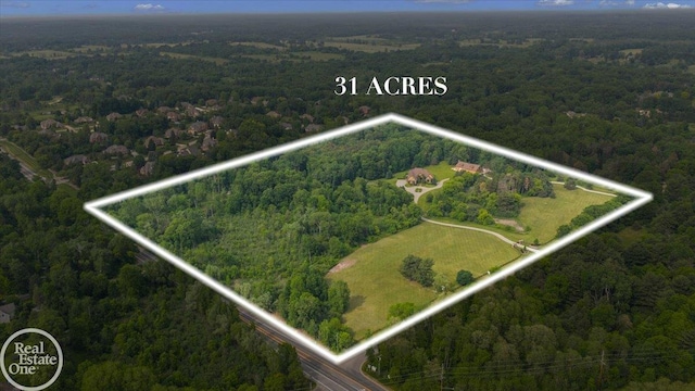 2940 Buell Rd, Oakland Twp, MI 48363 - aerial view of property and surrounding area with a heavily wooded area and property boundaries highlighted