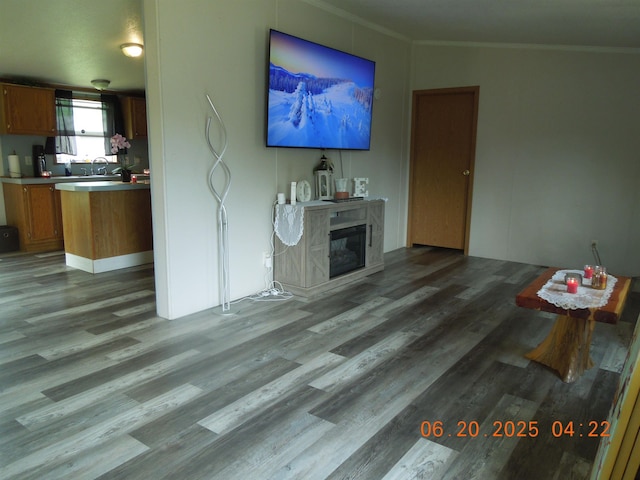 1079 Hemlock St, Beaverton, MI 48612 - unfurnished living room featuring crown molding, wood finished floors, and a high end fireplace