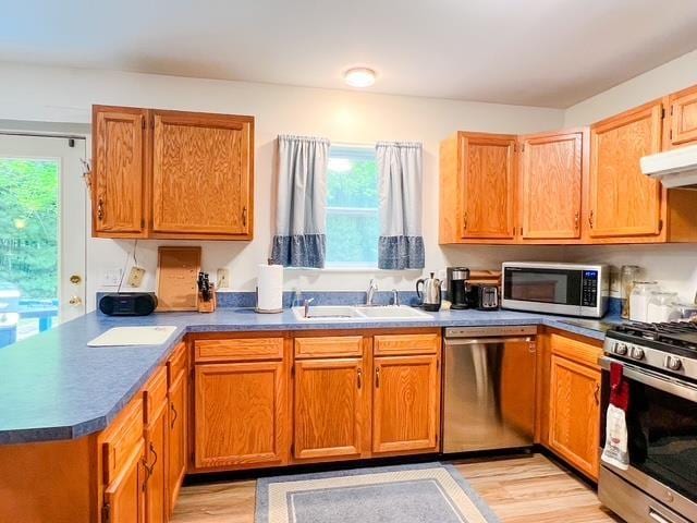 8855 Scotty Dr, Lake, MI 48632 - kitchen featuring stainless steel appliances, light wood-style floors, a peninsula, under cabinet range hood, and dark countertops