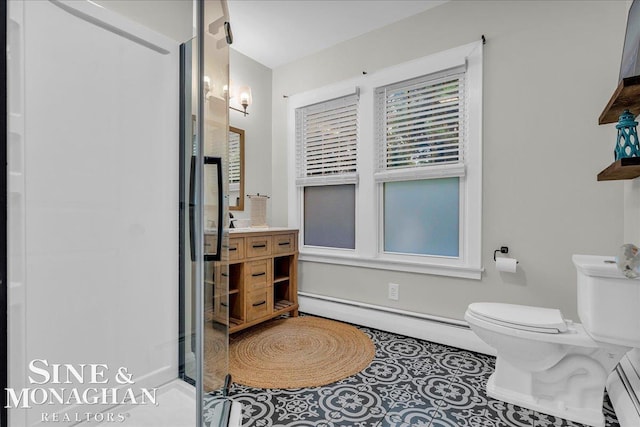 421 Edgewater Dr, Algonac, MI 48001 - bathroom with a baseboard radiator, vanity, a stall shower, a baseboard heating unit, and tile patterned flooring