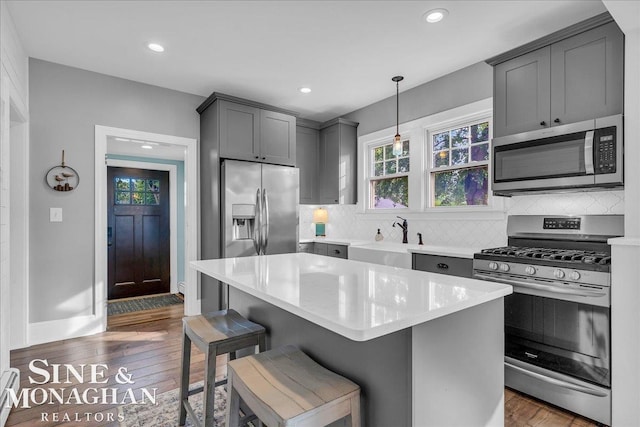 421 Edgewater Dr, Algonac, MI 48001 - kitchen with appliances with stainless steel finishes, gray cabinetry, wood-type flooring, tasteful backsplash, and healthy amount of natural light