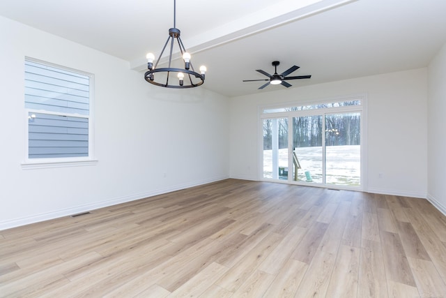 27602 Maryjane Ln E, Chesterfield Twp, MI 48047 - unfurnished room featuring light wood-style flooring, a chandelier, beam ceiling, and a ceiling fan