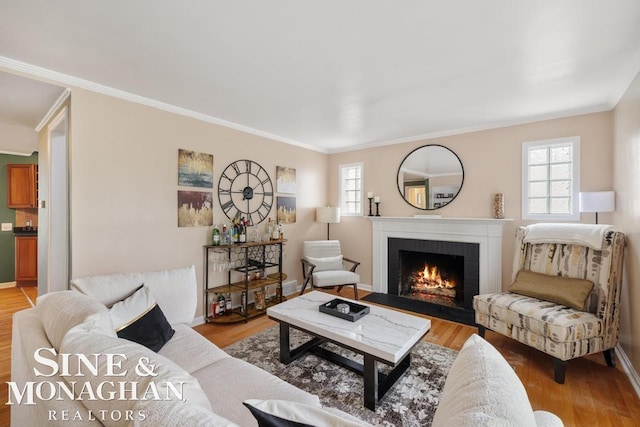 1387 Torrey Rd, Grosse Pointe Woods, MI 48236 - living area with crown molding, a brick fireplace, healthy amount of natural light, and light wood finished floors