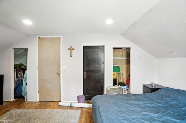 618 Harrison St, Monroe, MI 48161 - bedroom with hardwood / wood-style floors, lofted ceiling, and recessed lighting