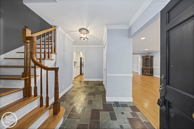 870 Crescent Ln, Grosse Pointe Woods, MI 48236 - entryway with stone finish flooring, stairs, crown molding, and recessed lighting