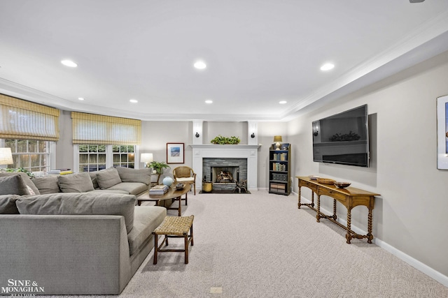 388 Lincoln Rd, Grosse Pointe, MI 48230 - living area with recessed lighting, carpet floors, a fireplace with flush hearth, and ornamental molding