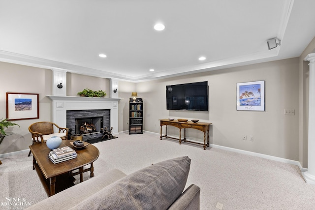 388 Lincoln Rd, Grosse Pointe, MI 48230 - carpeted living area featuring a fireplace, recessed lighting, and decorative columns