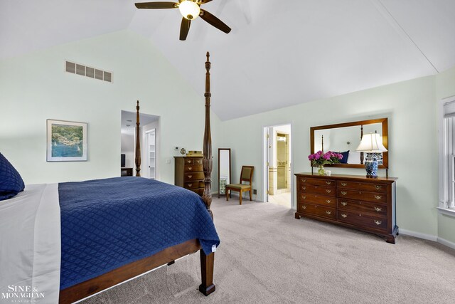 388 Lincoln Rd, Grosse Pointe, MI 48230 - carpeted bedroom with high vaulted ceiling, ceiling fan, and ensuite bathroom