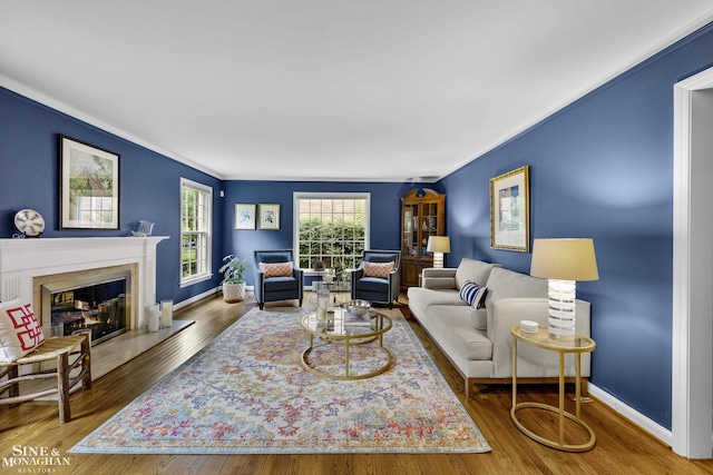 388 Lincoln Rd, Grosse Pointe, MI 48230 - living room featuring a premium fireplace, crown molding, and wood finished floors
