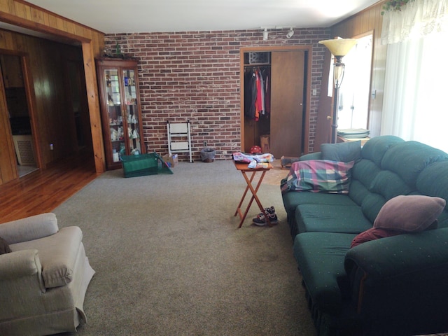 3601 Huckleberry Trl, Farwell, MI 48622 - living room featuring wood walls and brick wall