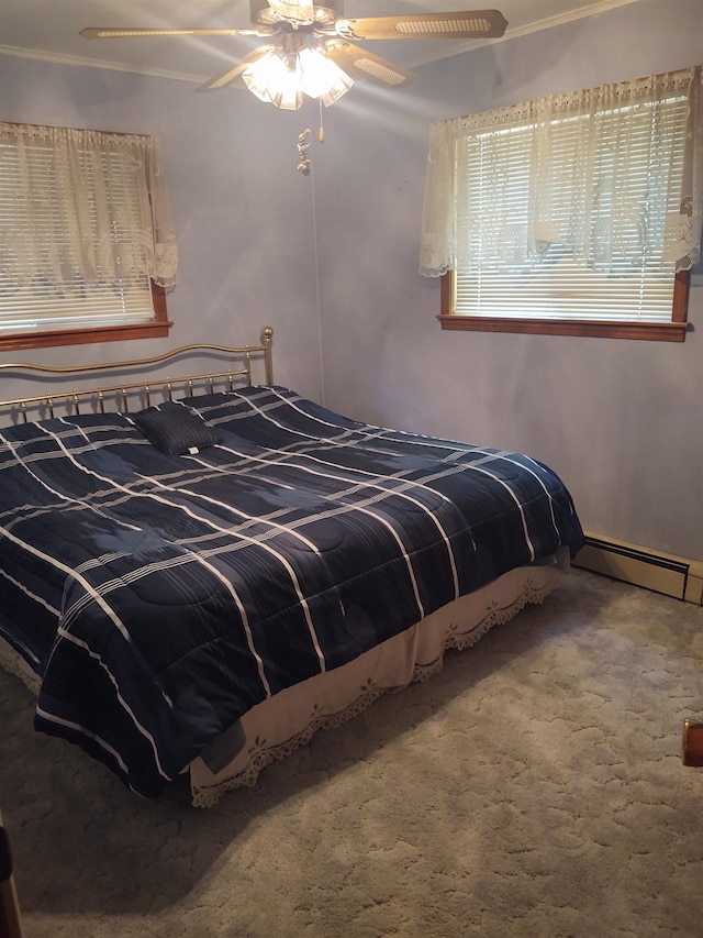 3601 Huckleberry Trl, Farwell, MI 48622 - carpeted bedroom with baseboard heating, ornamental molding, and ceiling fan