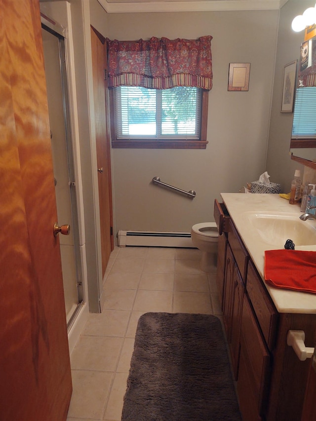 3601 Huckleberry Trl, Farwell, MI 48622 - full bathroom with baseboard heating, tile patterned floors, a stall shower, vanity, and ornamental molding