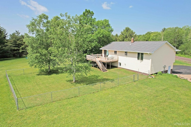 21805 Number 9 Rd, Hancock, MI 49930 - rear view of property with a wooden deck, stairway, a fenced backyard, and a chimney