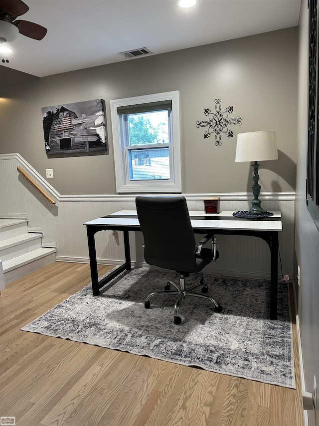 2100 Michigan St, Algonac, MI 48001 - office with a wainscoted wall, wood finished floors, a ceiling fan, and recessed lighting