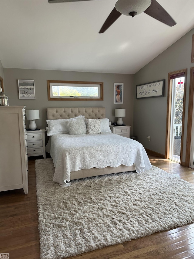 2100 Michigan St, Algonac, MI 48001 - bedroom featuring dark wood-style floors, vaulted ceiling, and ceiling fan