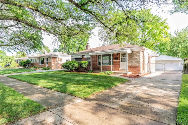 4444 Martin Rd, Warren, MI 48092 - ranch-style house with brick siding, an outdoor structure, a chimney, a front yard, and a garage