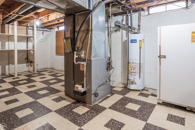 4444 Martin Rd, Warren, MI 48092 - below grade area featuring tile patterned floors, gas water heater, and heating unit