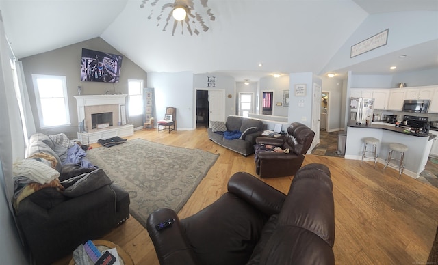11639 State Rd, Nunica, MI 49448 - living area with vaulted ceiling, a fireplace with raised hearth, and light wood-type flooring