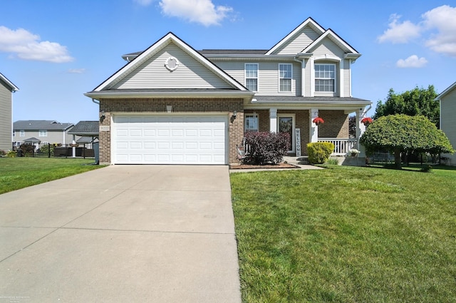 31222 Settlers Way Dr, Flat Rock, MI 48134 - view of front facade with a porch, a front lawn, concrete driveway, brick siding, and an attached garage