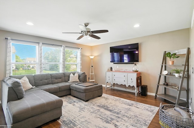 31222 Settlers Way Dr, Flat Rock, MI 48134 - living room featuring ceiling fan, dark wood-style floors, and recessed lighting