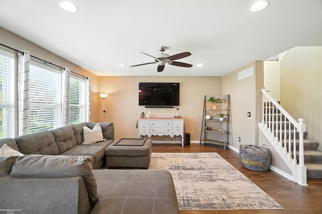 31222 Settlers Way Dr, Flat Rock, MI 48134 - living area with a ceiling fan, dark wood-style floors, recessed lighting, and stairs