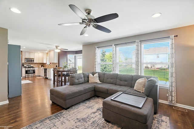 31222 Settlers Way Dr, Flat Rock, MI 48134 - living area with a ceiling fan, dark wood finished floors, and recessed lighting