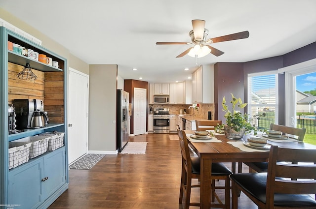 31222 Settlers Way Dr, Flat Rock, MI 48134 - dining space with dark wood-style floors, ceiling fan, and recessed lighting