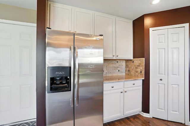 31222 Settlers Way Dr, Flat Rock, MI 48134 - kitchen featuring stainless steel fridge with ice dispenser, white cabinetry, dark wood-style floors, light stone counters, and recessed lighting