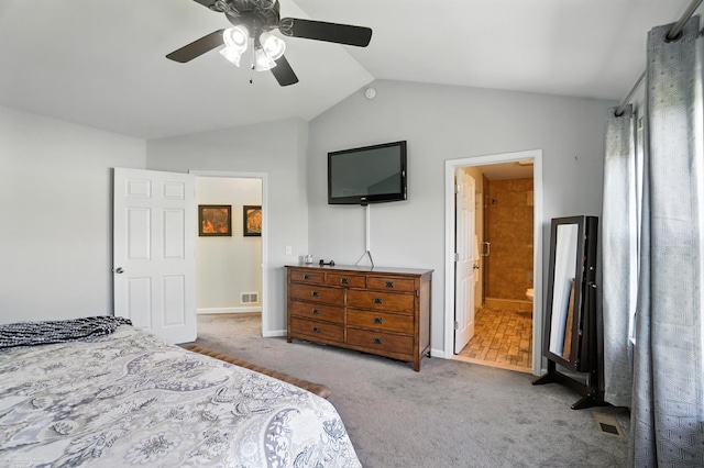31222 Settlers Way Dr, Flat Rock, MI 48134 - carpeted bedroom with lofted ceiling, ceiling fan, and connected bathroom
