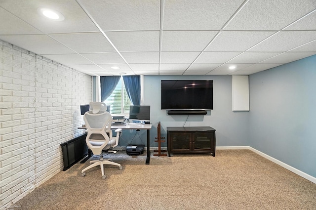 31222 Settlers Way Dr, Flat Rock, MI 48134 - office area with a drop ceiling, carpet, and brick wall