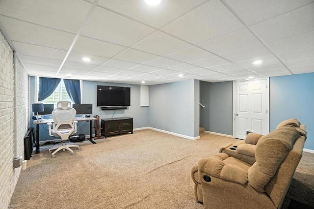 31222 Settlers Way Dr, Flat Rock, MI 48134 - office featuring carpet floors, a drop ceiling, recessed lighting, and brick wall