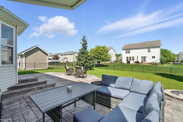 31222 Settlers Way Dr, Flat Rock, MI 48134 - fenced backyard featuring an outdoor living space with a fire pit, a patio, and a residential view