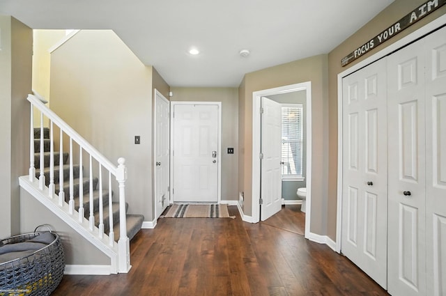 31222 Settlers Way Dr, Flat Rock, MI 48134 - foyer entrance featuring recessed lighting, dark wood finished floors, and stairway
