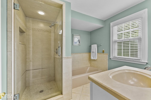 1344 Torrey Rd, Grosse Pointe Woods, MI 48236 - full bathroom featuring a stall shower, a bath, tile patterned flooring, and vanity