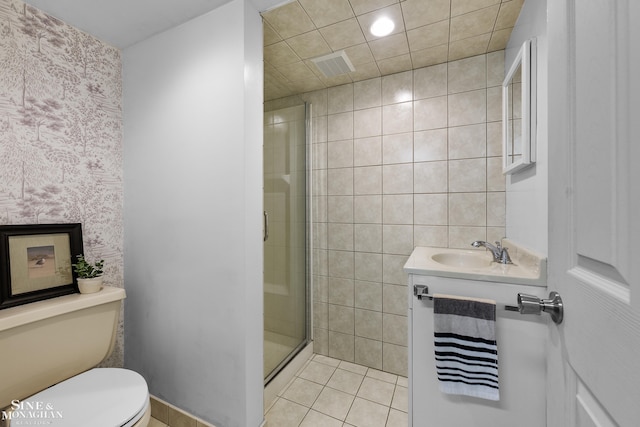 1344 Torrey Rd, Grosse Pointe Woods, MI 48236 - full bath with vanity, a shower stall, wallpapered walls, tile patterned flooring, and recessed lighting