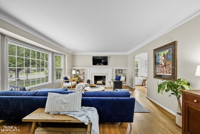 1344 Torrey Rd, Grosse Pointe Woods, MI 48236 - living area featuring plenty of natural light, light wood-type flooring, a fireplace, ornamental molding, and arched walkways