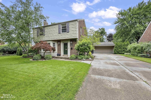 1344 Torrey Rd, Grosse Pointe Woods, MI 48236 - colonial house with concrete driveway, a chimney, a front yard, brick siding, and an attached garage