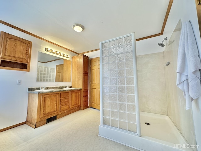 3901 Garretts Ln, Florence T-Wi, WI 54121 - bathroom with walk in shower, ornamental molding, and double vanity