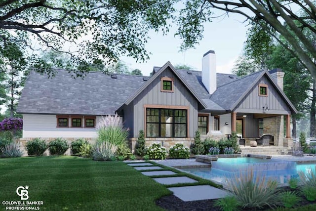 4158 Neuman Rd, Saint Clair, MI 48079 - back of property featuring a yard, stone siding, a chimney, an outdoor pool, and board and batten siding